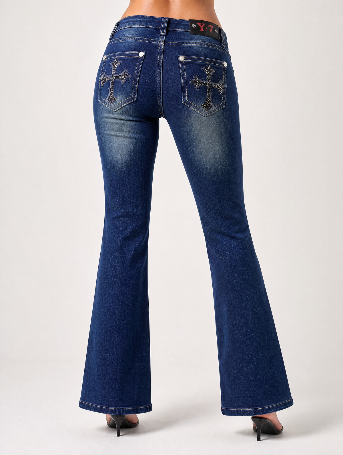Y2K Dark Cross Studded flare jeans back full view