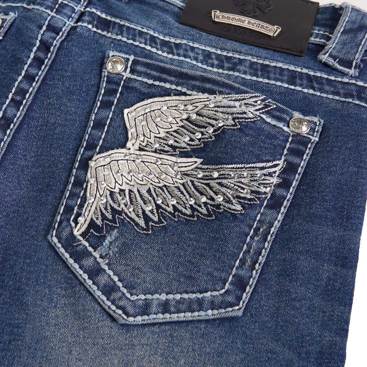 Y2K flare jeans embroidery detail close-up