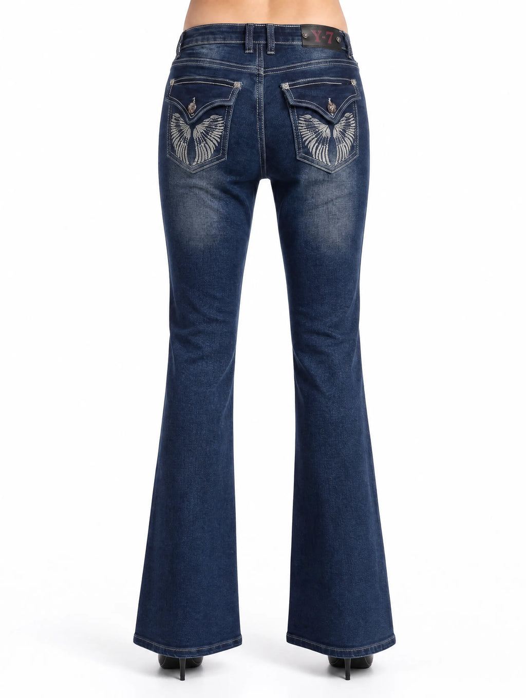 Y2K Silver Feather Wing flare jeans back full view