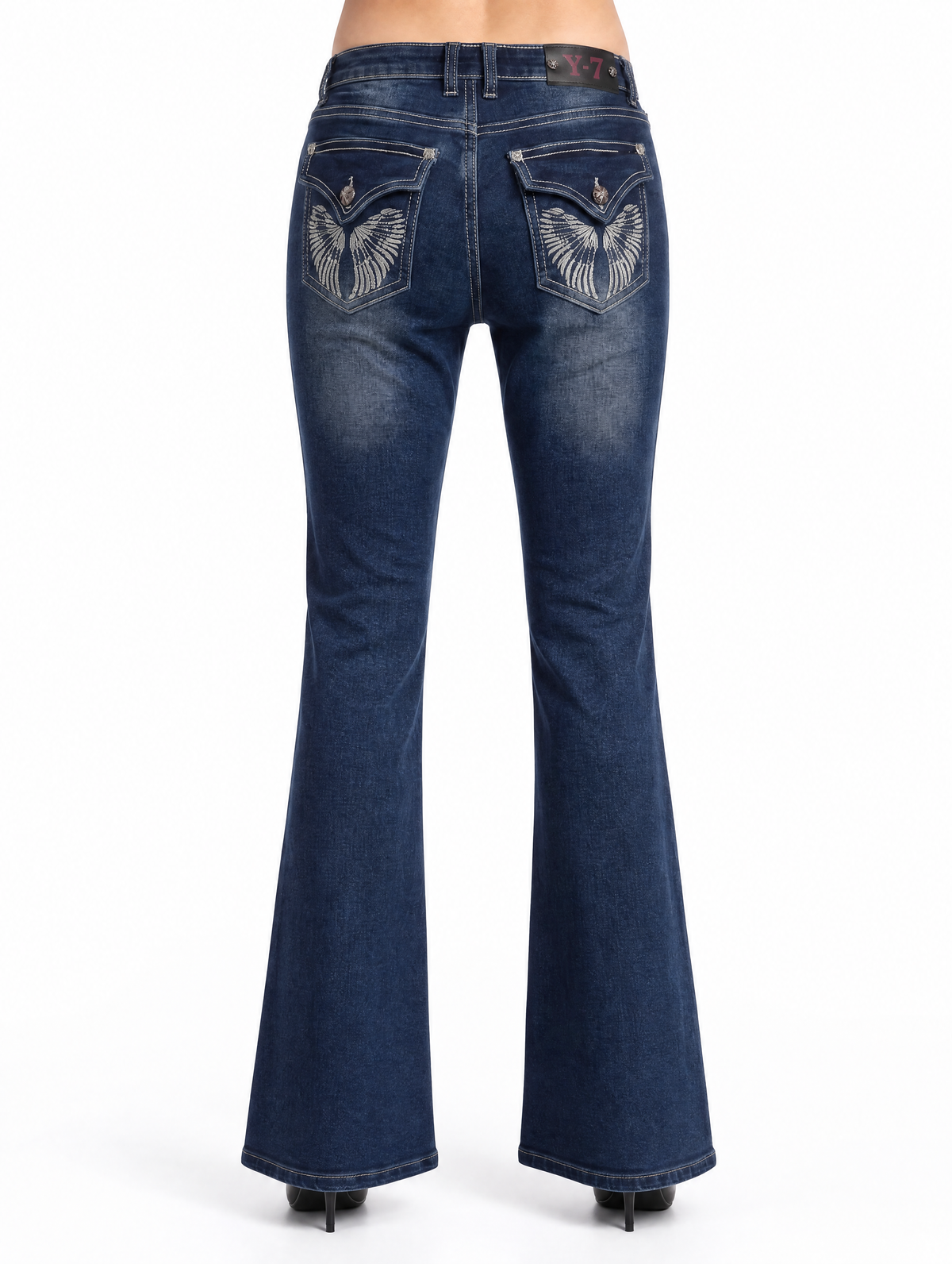 Y2K Silver Feather Wing flare jeans back full view