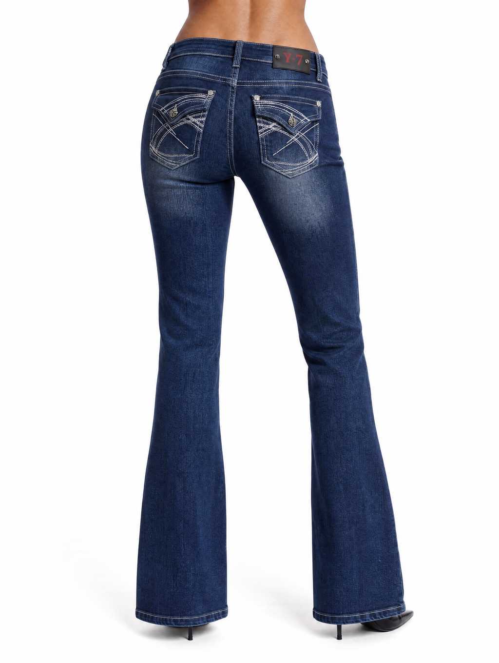 Y2K Geometric Arc Stitch flare jeans back full view
