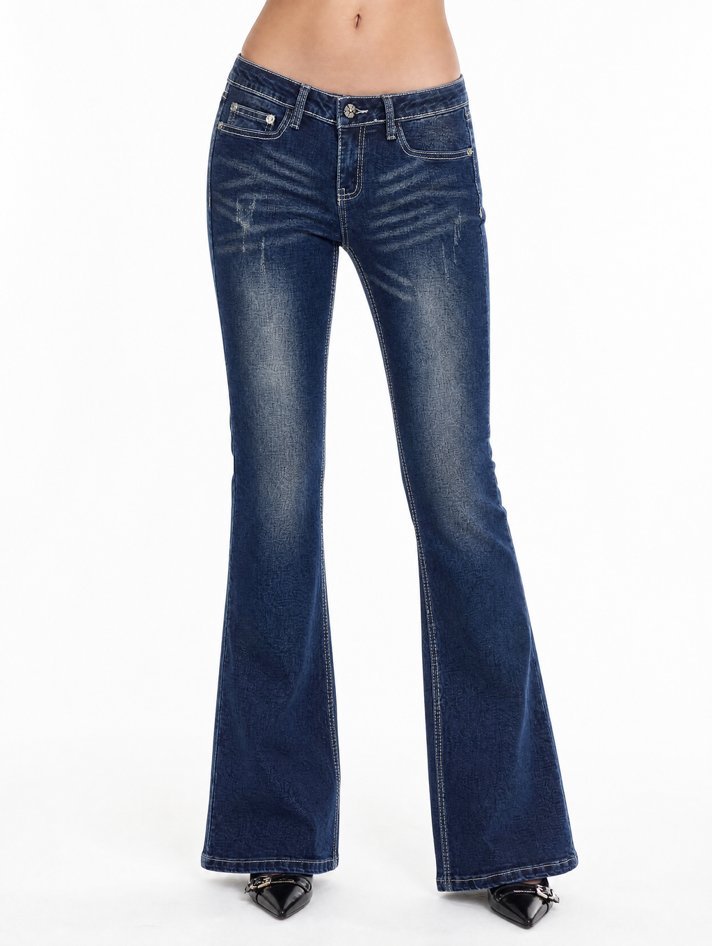 Y2K Geometric Arc Stitch low-rise flare jeans front view