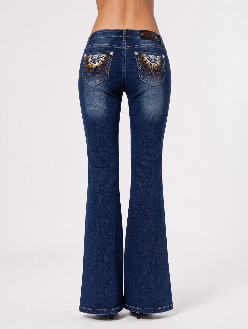 Y2K Golden Sunburst low-rise flare jeans back full view