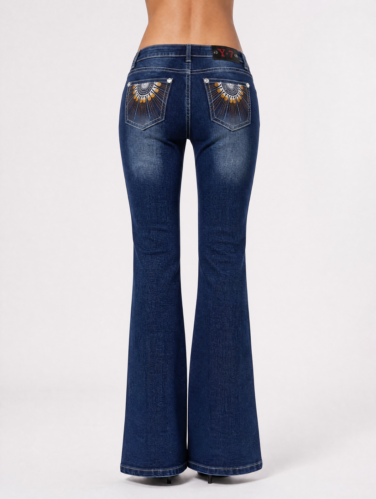 Y2K Golden Sunburst low-rise flare jeans back full view