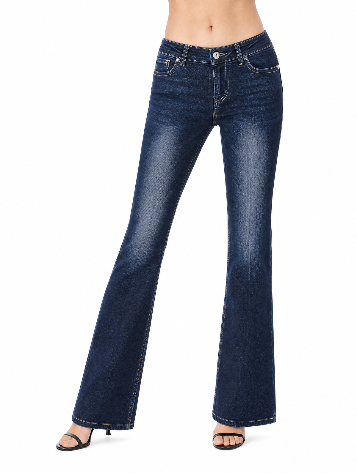 Y2K flare jeans back view with rhinestone pockets