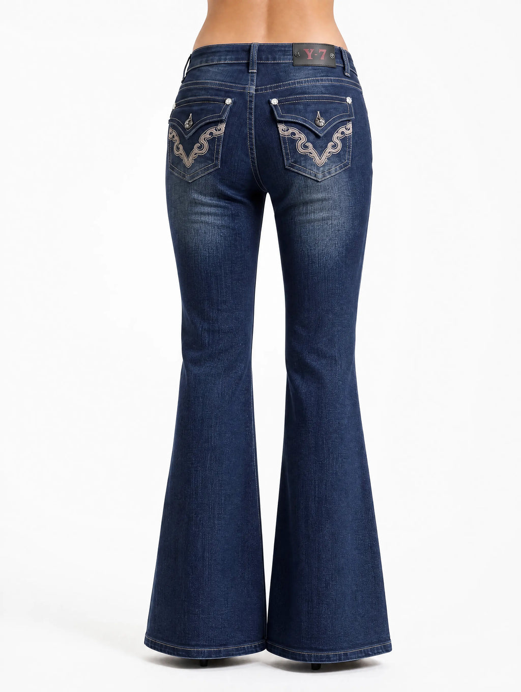 Y2K flare jeans back view baroque embroidery V-pocket