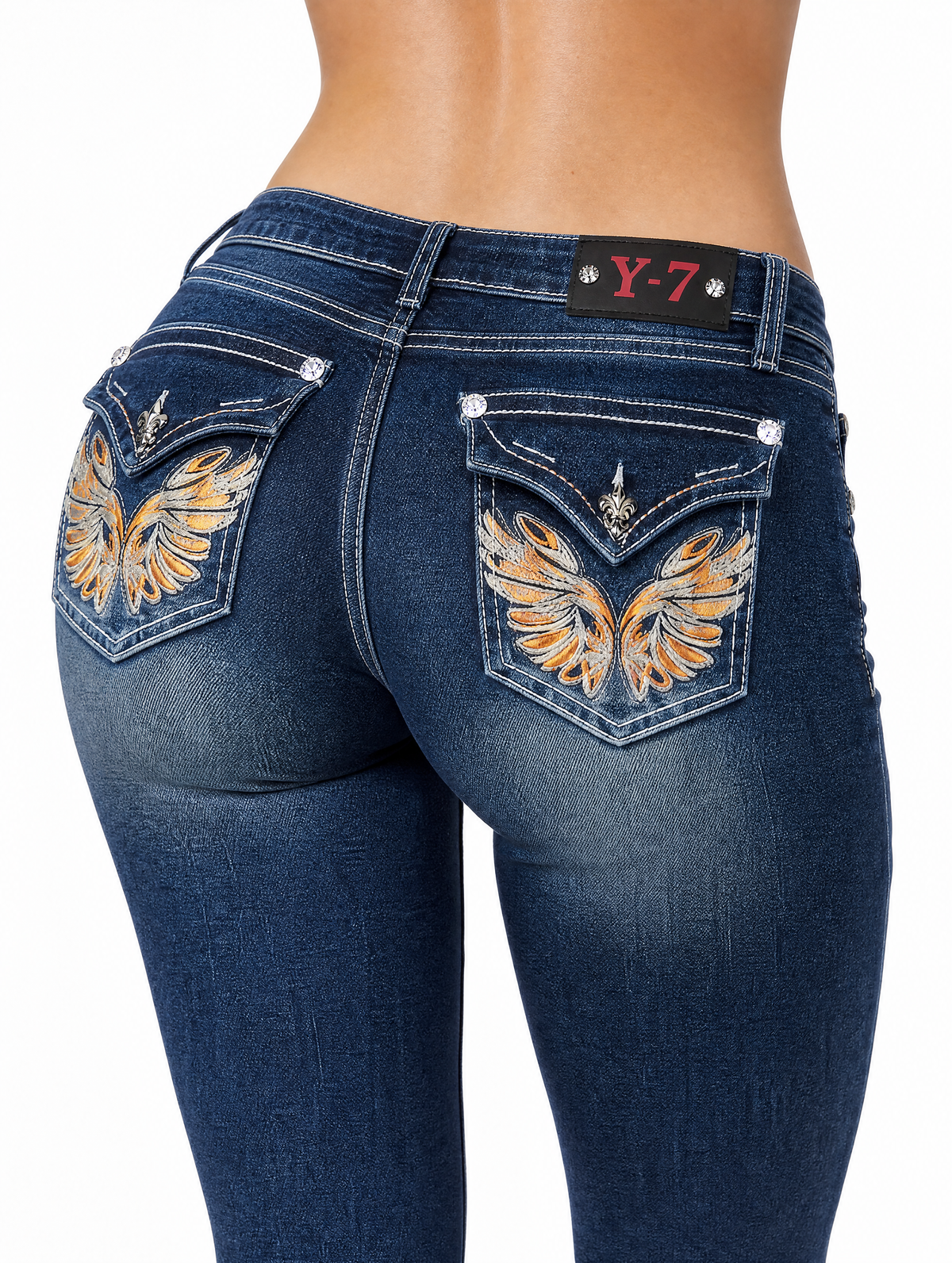Golden angel wing embroidery back pocket close-up