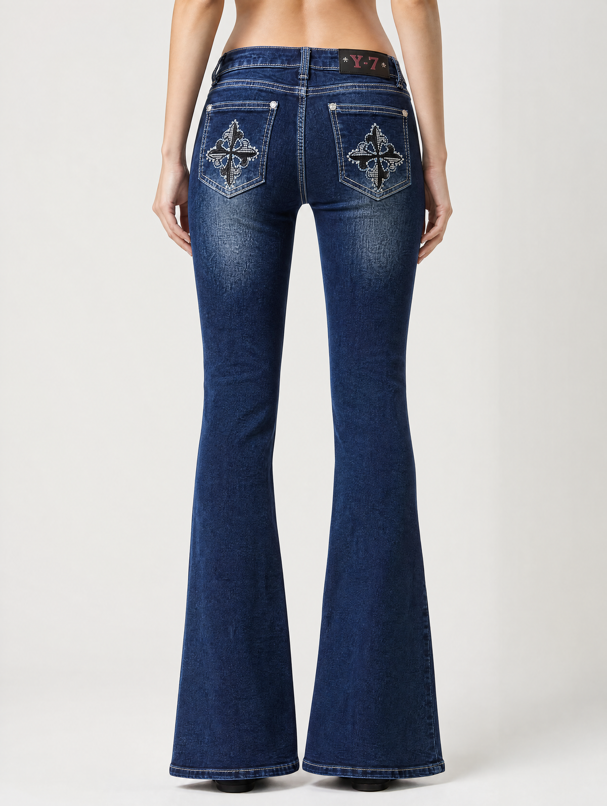 Y2K Dark Cross Studded Low-Rise Flare Jeans
