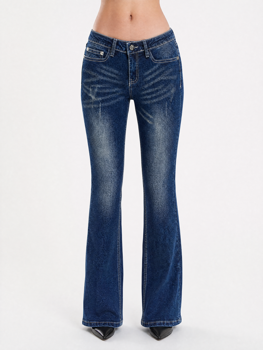 Y2K Golden Sunburst flare jeans front view