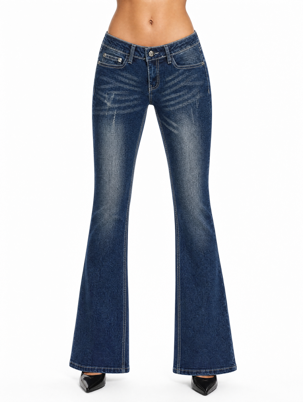 Y2K Golden Angel Wing low-rise flare jeans front view