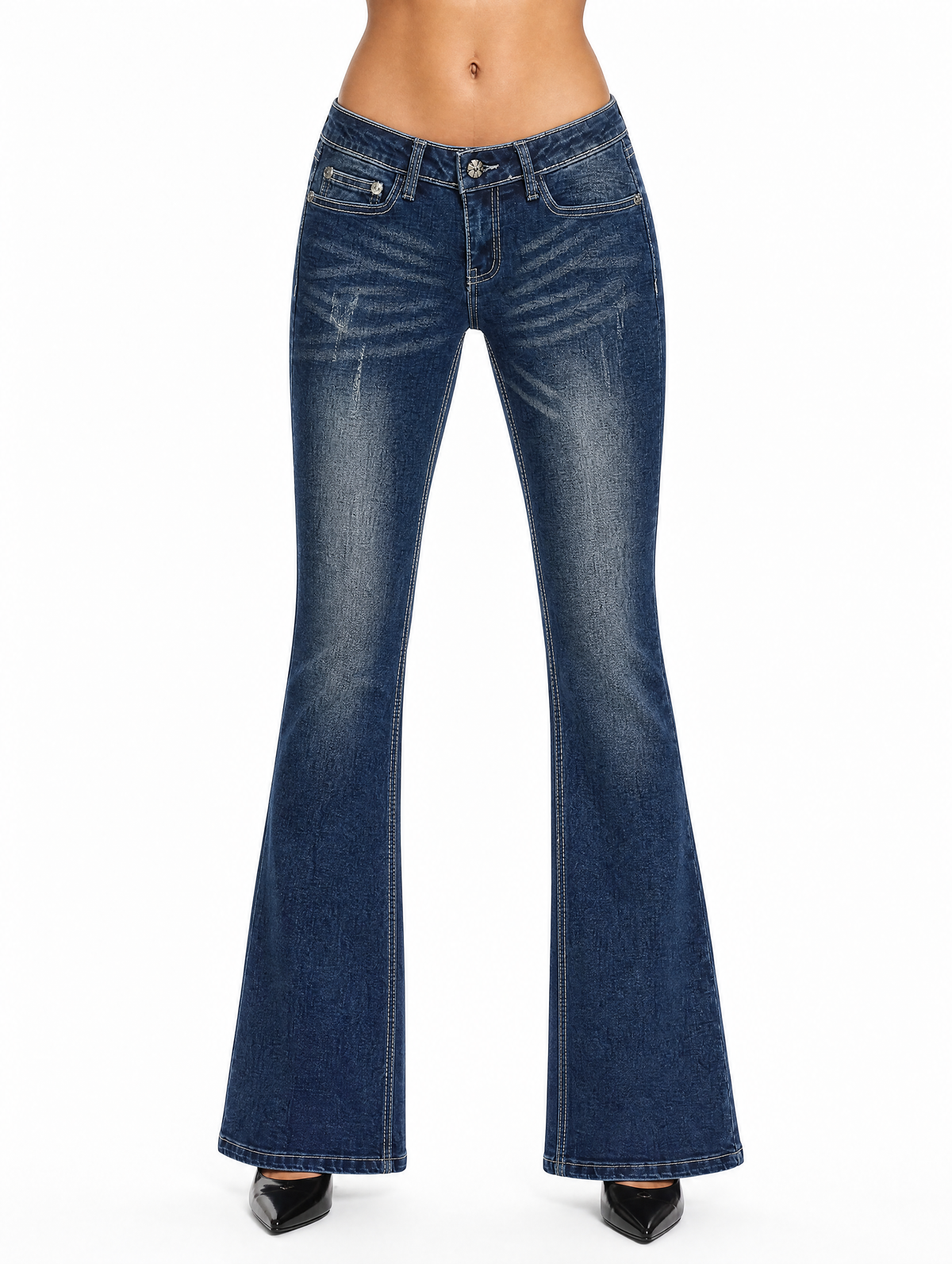 Y2K Golden Angel Wing low-rise flare jeans front view