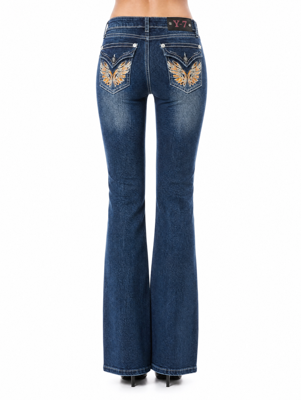 Y2K Golden Angel Wing flare jeans back full view