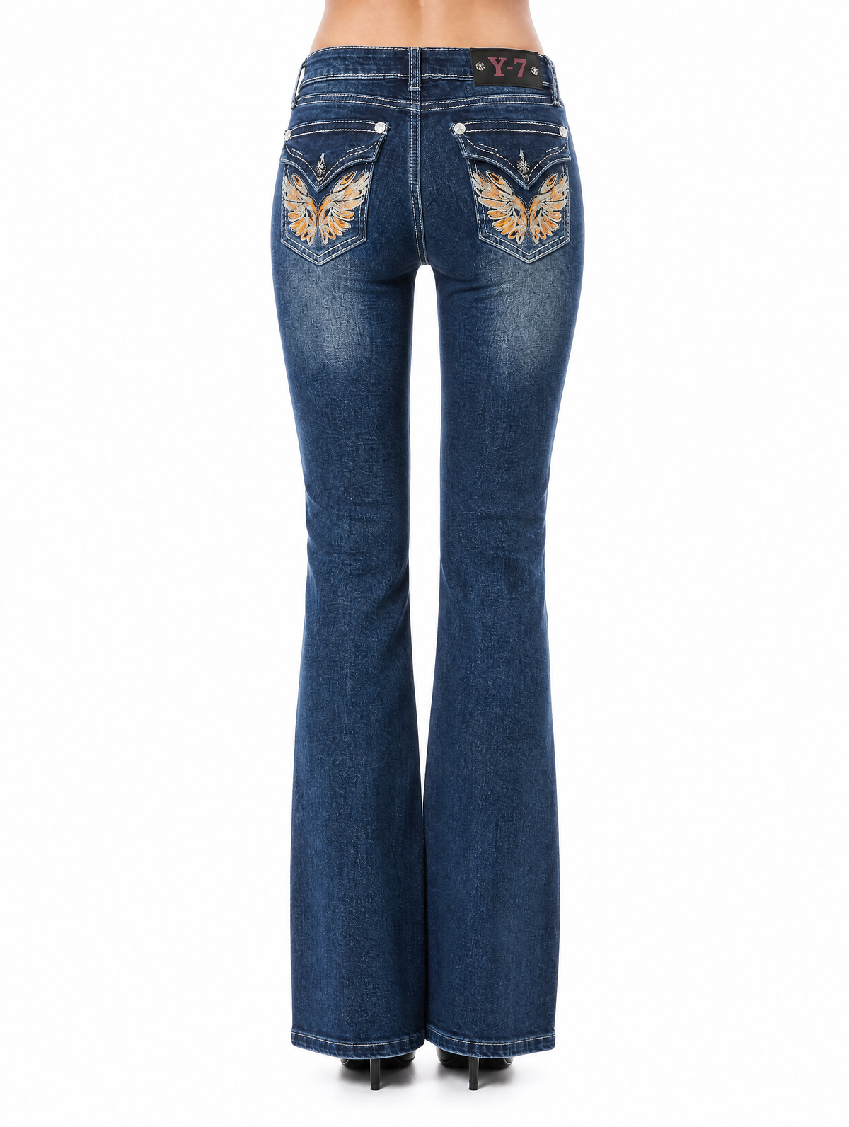 Y2K Golden Angel Wing flare jeans back full view