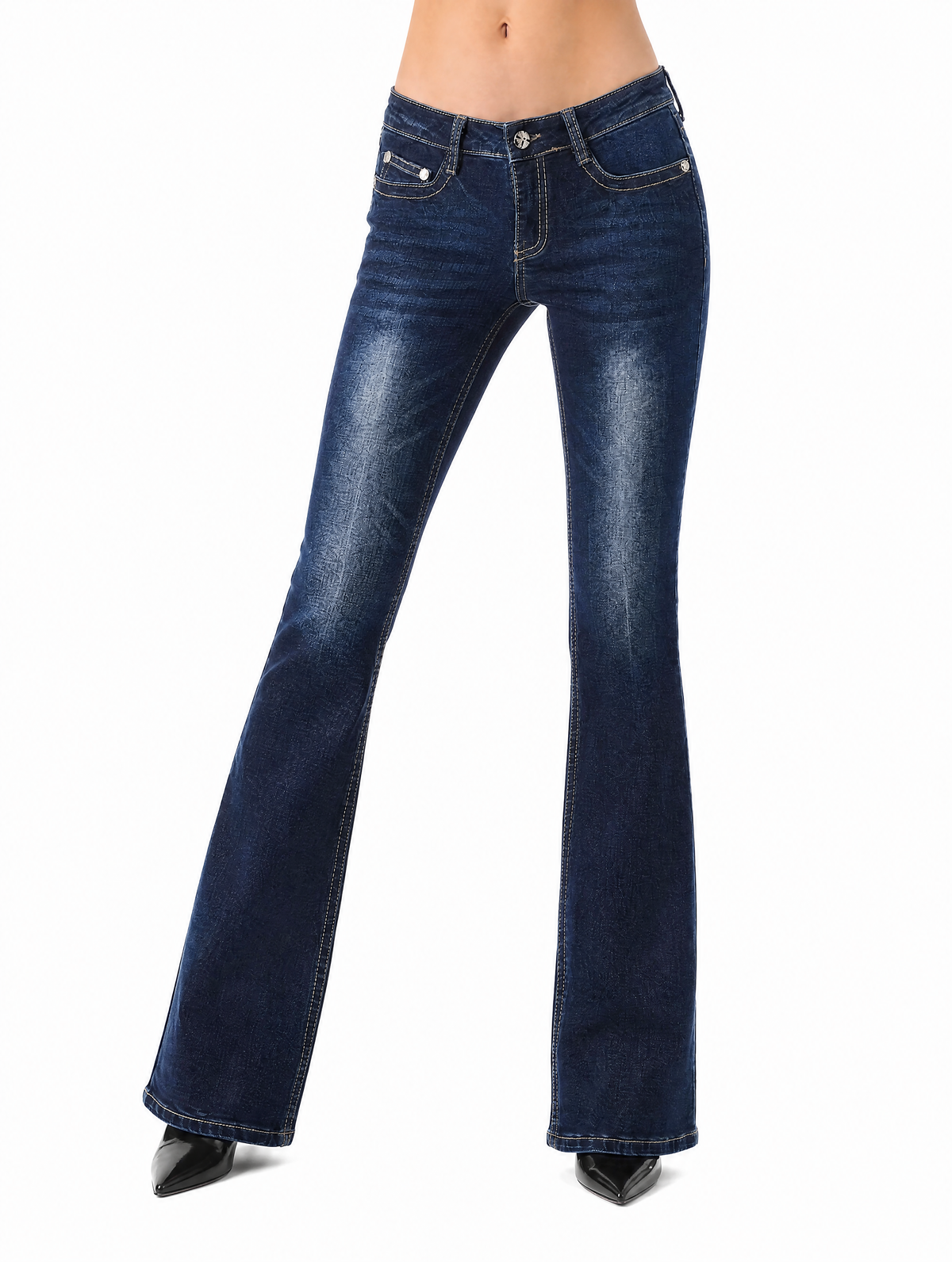 Y2K Silver Feather Wing low-rise flare jeans front view