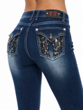 Crystal wing rhinestone back pocket close-up