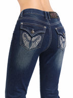 Silver feather wing embroidery back pocket close-up
