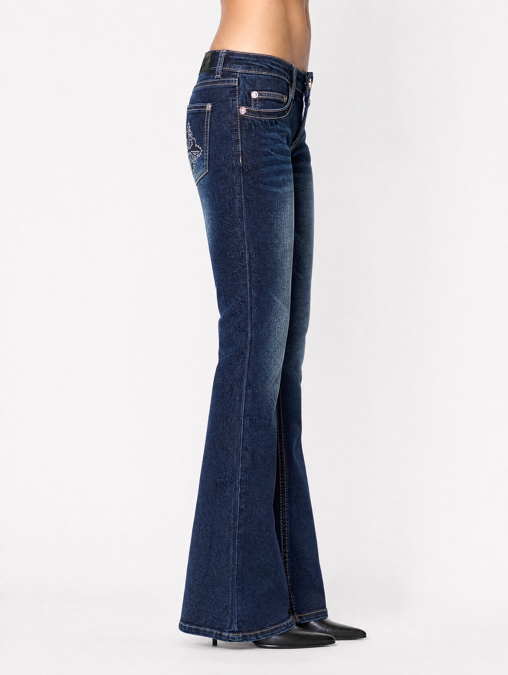 Y2K Rhinestone Cross flare jeans side view