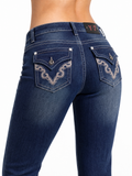 Y2K flare jeans back pocket baroque scroll detail close-up