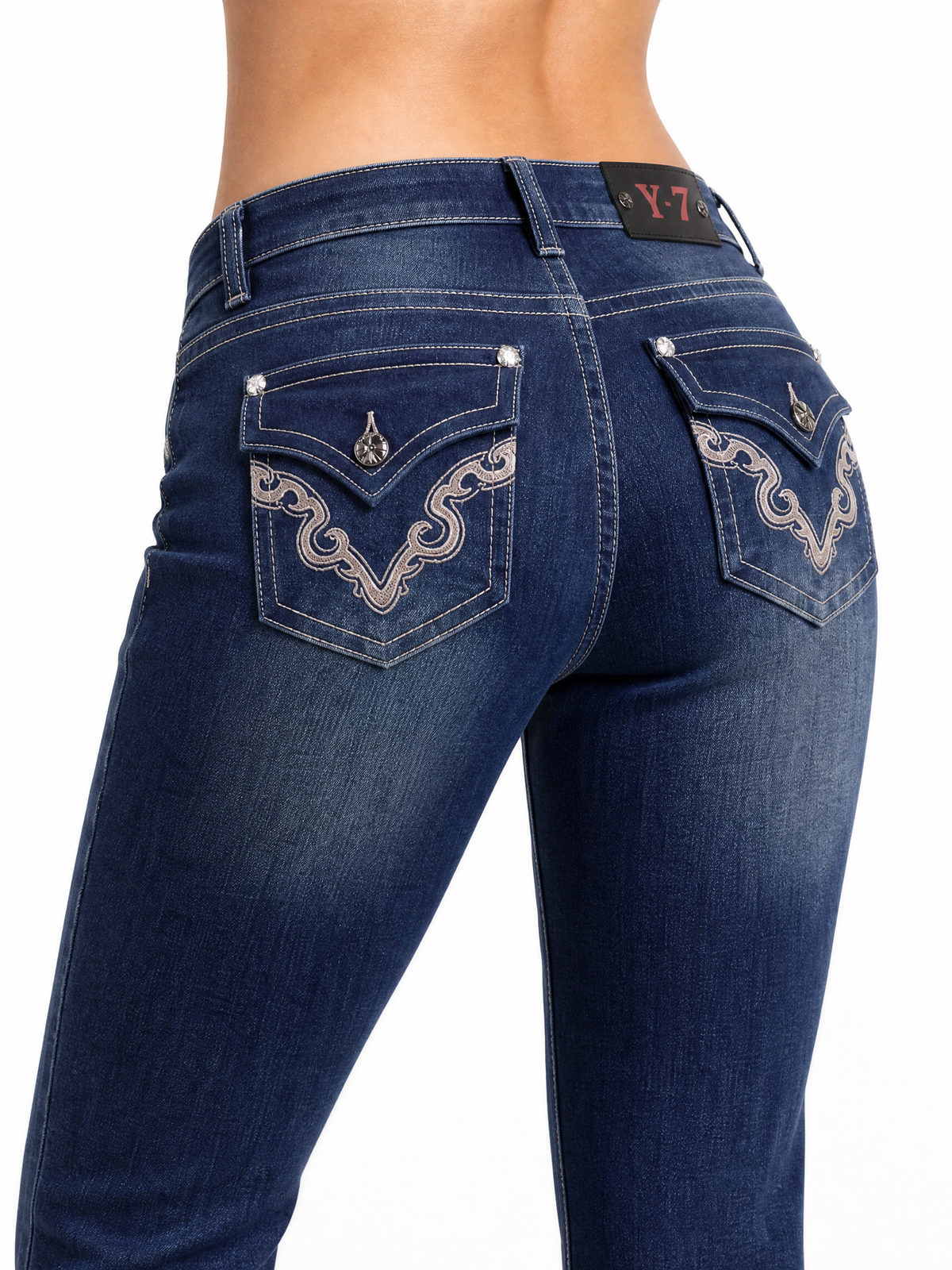 Y2K flare jeans back pocket baroque scroll detail close-up